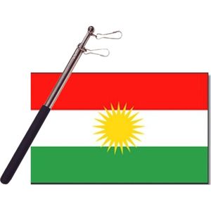 Landen vlag Koerdistan - 90 x 150 cm - met compacte draagbare telescoop vlaggenstok - zwaaivlaggen