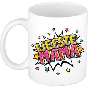 Liefste mama cadeau koffiemok / theebeker wit met sterren - 300 ml - keramiek - Moederdag - cadeau beker / waardering mok