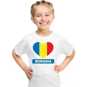 Roemenie kinder t-shirt met Roemeense vlag in hart wit jongens en meisjes