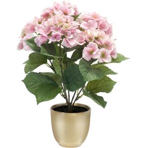 Hortensia kunstplant/kunstbloemen 40 cm - roze - in pot goud mat - Kunst kamerplant