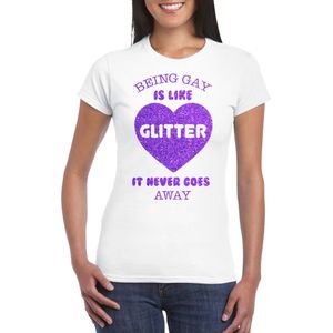 Bellatio Decorations Gay Pride T-shirt voor dames - being gay is like glitter - wit/paars - LHBTI