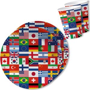 Landen thema feest wegwerp bordjes en bekers - 30x - internationale vlaggen - D23 cm