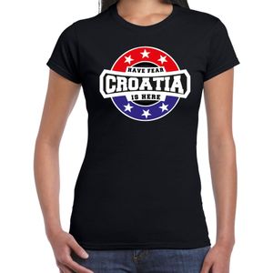 Have fear Croatia is here t-shirt met sterren embleem in de kleuren van de Kroatische vlag - zwart - dames - Kroatie supporter / Kroatisch elftal fan shirt / EK / WK / kleding