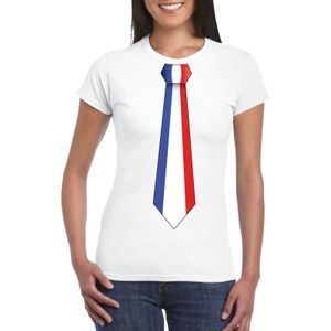 Wit t-shirt met Franse vlag stropdas dames -  Frankrijk supporter