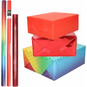 6x Rollen kraft inpakpapier regenboog pakket - regenboog/metallic rood/rood 200 x 70/50 cm - cadeau/verzendpapier