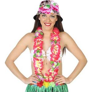 Carnaval verkleed set - Tropische Hawaii party - bucket hoedje wit - bloemenslinger roze - volwassenen