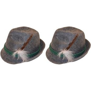 2x Grijze Tiroler hoedjes verkleedaccessoires voor volwassenen - Oktoberfest/bierfeest feesthoeden - Alpenhoedje/jagershoedje