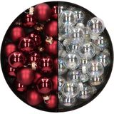 Mini kerstballen - 48x st - transparant parelmoer en donkerrood - 2,5 cm - glas
