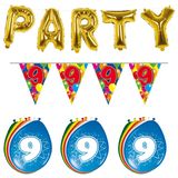 Folat - Verjaardag feestversiering 9 jaar PARTY letters en 16x ballonnen met 2x plastic vlaggetjes