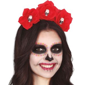 Halloween verkleed diadeem - bloemen en schedels - one size - rood - meisjes/dames