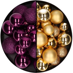 Decoris kerstballen 60x st - goud/paars - 4-5-6 cm - kunststof - kerstversiering