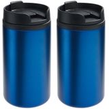 2x Thermosbekers/warmhoudbekers metallic blauw 290 ml - Thermo koffie/thee isoleerbekers dubbelwandig met schroefdop