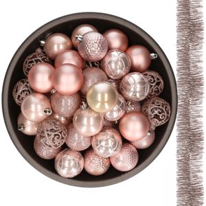 Kerstballen 37x stuks 6 cm - met 2x stuks kerstslingers - lichtroze