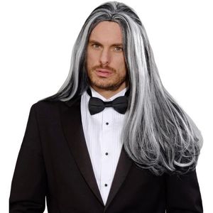 Victoriaanse zwart/grijze vampier pruik - Carnaval/verkleedaccessoires - Lange heren pruiken - Vampier/gothic pruik