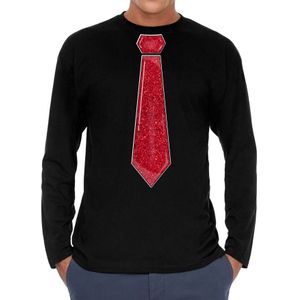 Bellatio Decorations Verkleed shirt heren - stropdas glitter rood - zwart - carnaval - longsleeve