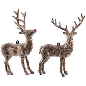 6x Kersthangers figuurtjes hertje met glitters koperbruin 14 cm - Herten dieren thema kerstboomhangers