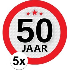 5x 50 Jaar leeftijd stickers rond 9 cm - 50 jaar verjaardag/jubileum versiering