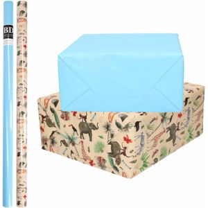 8x Rollen kraft inpakpapier jungle/oerwoud pakket - dieren/blauw 200 x 70 cm - cadeau/verzendpapier