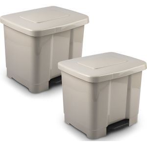 2x Stuks dubbele/2-vaks afvalemmer/vuilnisemmer/pedaalemmer 35 liter met deksel en pedaal - Taupe - vuilnisbakken/prullenbakken