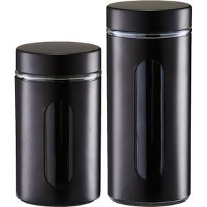 Voorraadpotten/blikken met venster - 2x - zwart - 900 en 1200 ml - metaal