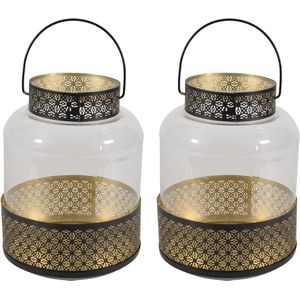 2x Lantaarns/windlichten zwart/goud Marokkaanse stijl 20 x 28 cm metaal en glas - Gebruik tuin/woonkamer - Thema Oosters/arabisch