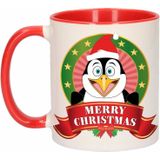 Set van 2x stuks kerst bekers / mokken - rood met wit - 300 ml keramiek - Pinguin print