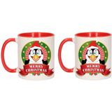 Set van 2x stuks kerst bekers / mokken - rood met wit - 300 ml keramiek - Pinguin print