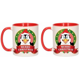 Set van 2x stuks kerst bekers / mokken - rood met wit - 300 ml keramiek - Pinguin print