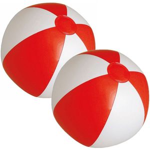 2x stuks opblaasbare zwembad strandballen plastic rood/wit 28 cm - Strand buiten zwembad speelgoed