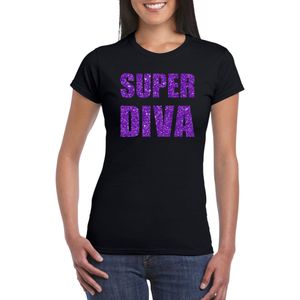 Zwart Super Diva t-shirt met paarse glitter letters dames - VIP/glamour kleding