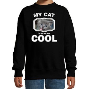 Grijze katten / poezen trui / sweater my cat is serious cool zwart - kinderen - Katten liefhebber cadeau sweaters - kinderkleding / kleding