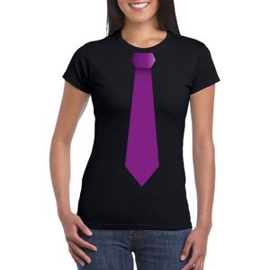 Zwart t-shirt met paarse stropdas dames