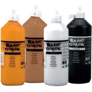 Set van 4x flessen Oranje-Bruine-Witte-Zwarte hobby knutselen kinder verf op waterbasis - 500 ml per fles - Schilderen/verfen