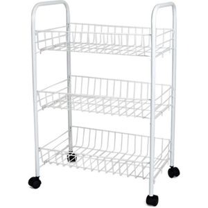 Witte keuken trolley met manden op wielen 40 x 26 x 62 cm - Keukentrolley - Keuken/badkamer rekje van metaal