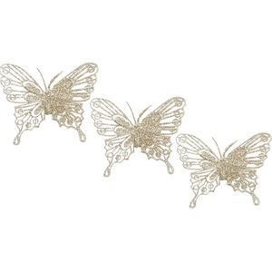House of Seasons kerstboomversiering vlinders op clip - 3x st - champagne - 10 cm