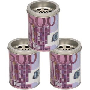 Set van 3x stuks kleine asbak met deksel 500 euro opdruk paars 10 cm metaal - Fun asbakken