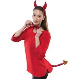 Duivels verkleed setje - hoorntjes diadeem en staart/strik - rood - verkleed accessoires - halloween