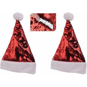 2x stuks glimmende verander/wrijfbare pailletten kerstmutsen rood/zilver- Wrijf pailletten kerstmutsen