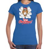 Fout Kerstshirt / Kerst t-shirt met hamsterende kat Merry Christmas blauw voor dames- Kerstkleding / Christmas outfit