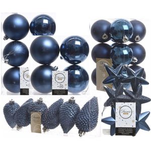 Kerstversiering kunststof kerstballen/hangers donkerblauw 6-8-10 cm pakket van 62x stuks - Kerstboomversiering