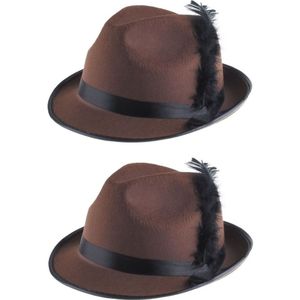 2x stuks bruin/zwart Tiroler verkleed hoedje voor volwassenen - Oktoberfest/bierfeest hoeden - Alpenhoedje/jagershoedje