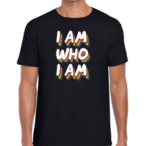 I am who i am - gaypride t-shirt zwart 3D regenboog tekst voor heren - Gay pride kleding