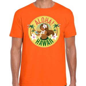 Hawaii feest t-shirt / shirt Aloha Hawaii voor heren - oranje - Hawaiiaanse party outfit / kleding/ verkleedkleding/ carnaval shirt