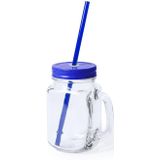 6x stuks Glazen Mason Jar drinkbekers blauwe dop en rietje 500 ml - afsluitbaar/niet lekken/fruit shakes