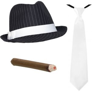 Smiffys - Gangster/Maffia verkleed set hoed zwart/wit met witte stropdas en vette sigaar