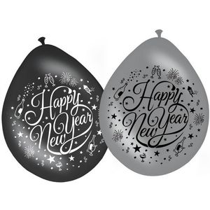 8x stuks Happy New Year ballonnen zwart/zilver - Oud en nieuw feest ballonnen
