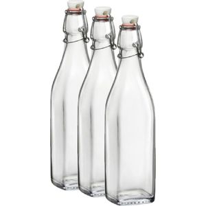 3x Beugelflessen/weckflessen transparant 1 liter vierkant - Weckflessen - Beugelflessen - Limonadeflessen - Waterflessen - Karaffen