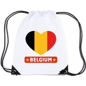 Belgie nylon rijgkoord rugzak/ sporttas wit met Belgische vlag in hart