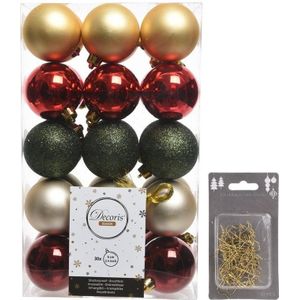 Kerstversiering mix pakket kunststof kerstballen goud/rood/groen 30x stuks 6 cm met goudkleurige ophanghaakjes