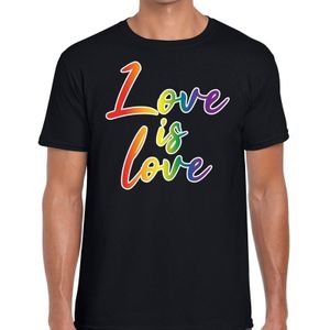 Love is love gaypride t-shirt -  zwart shirt met regenboog tekst voor heren - Gaypride kleding